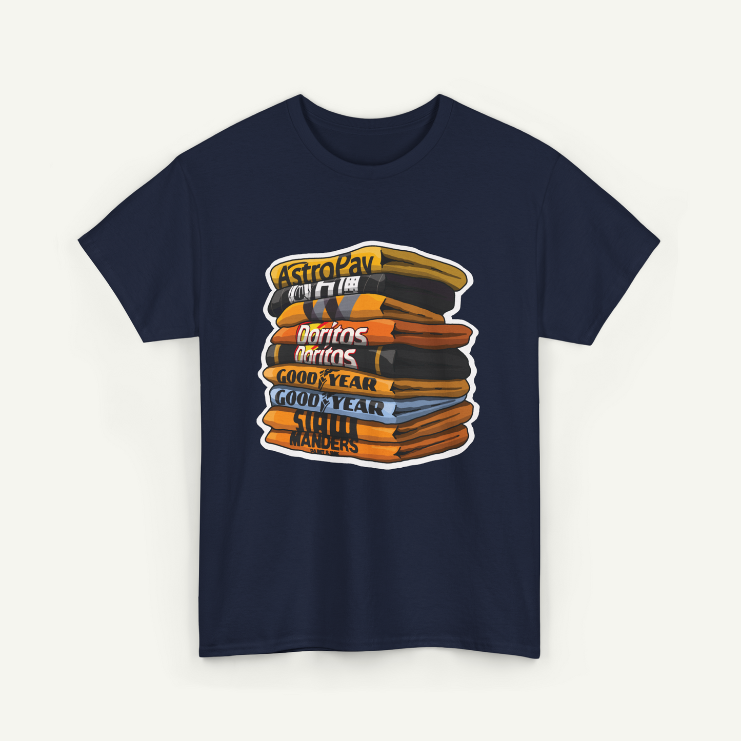 A navy blue t-shirt with a graphic design depicting a stack of books or books, with the text "AstroPaw" and "Goodyear" printed on the books.