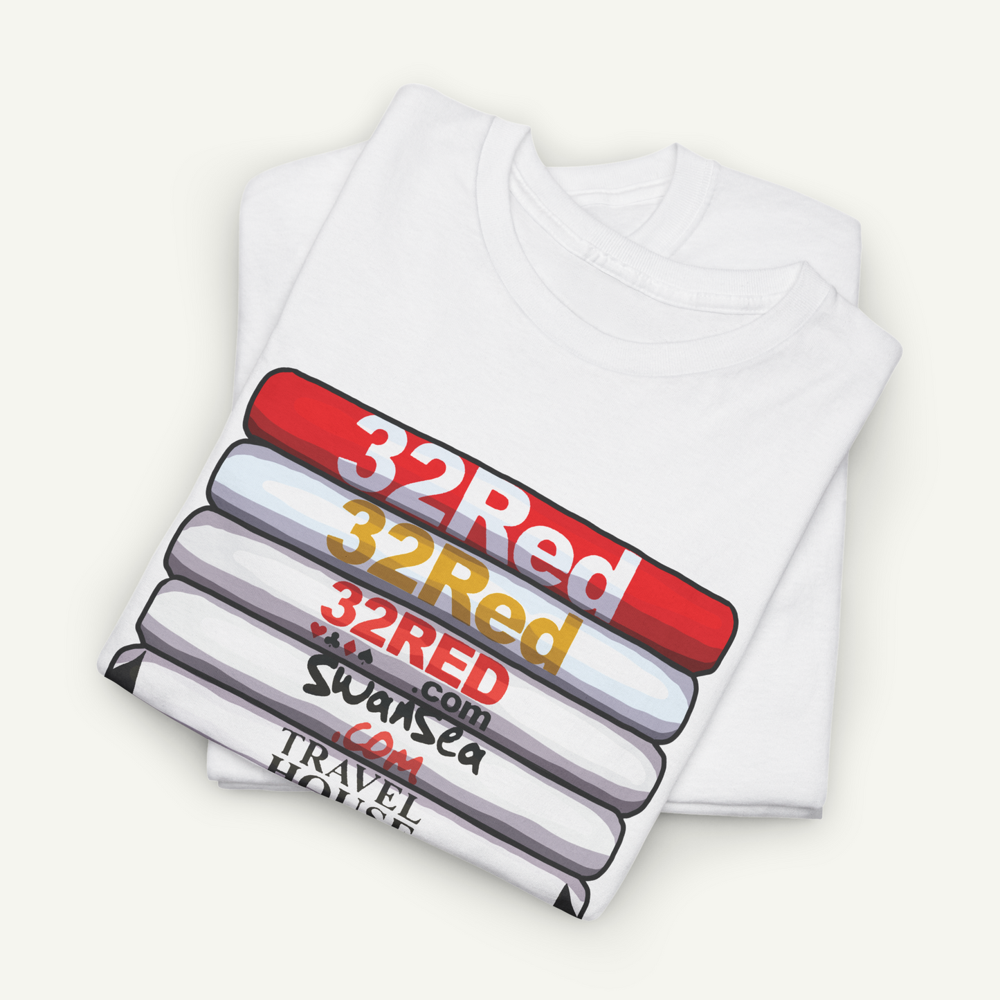 A white t-shirt with a graphic design featuring a red bar with the text "32Red" and additional text below it.