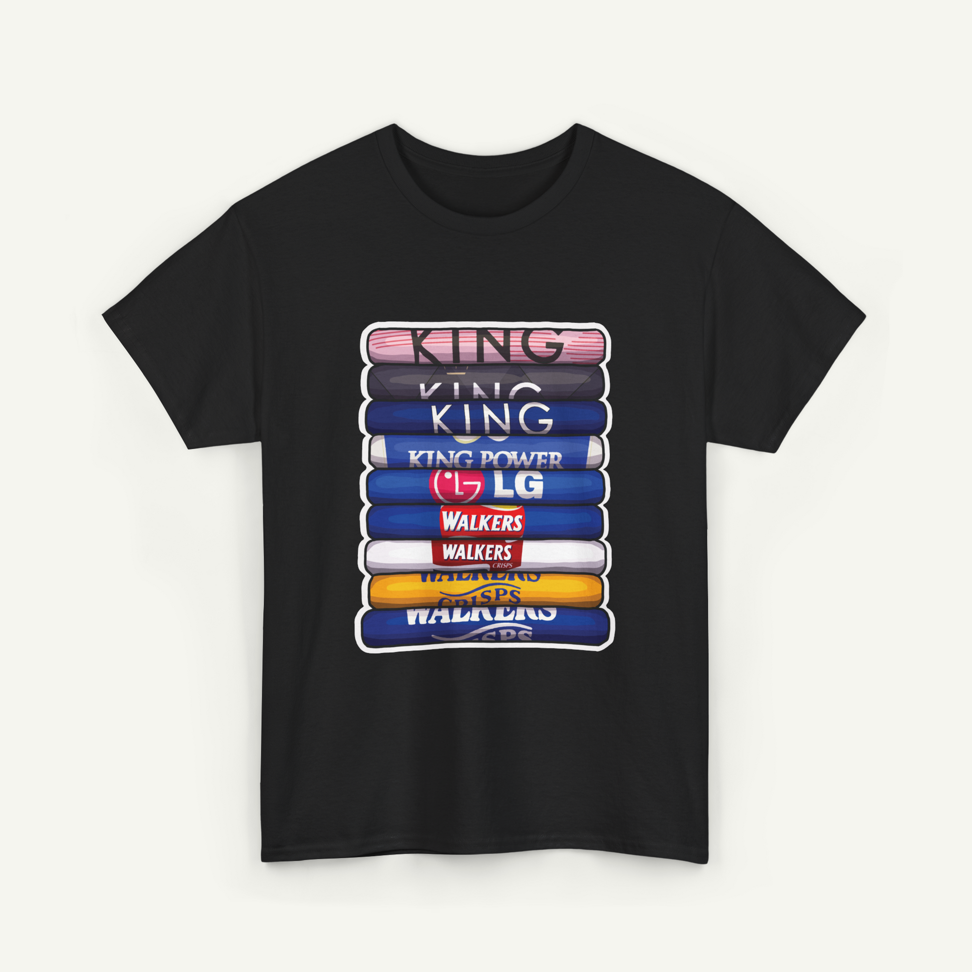 A black t-shirt with a graphic design featuring a stack of colorful bars with various logos and text on them.