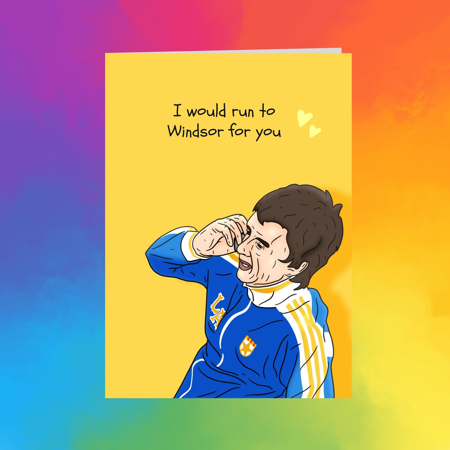a person wearing a blue and yellow jacket with a yellow heart symbol on the left side of the chest.