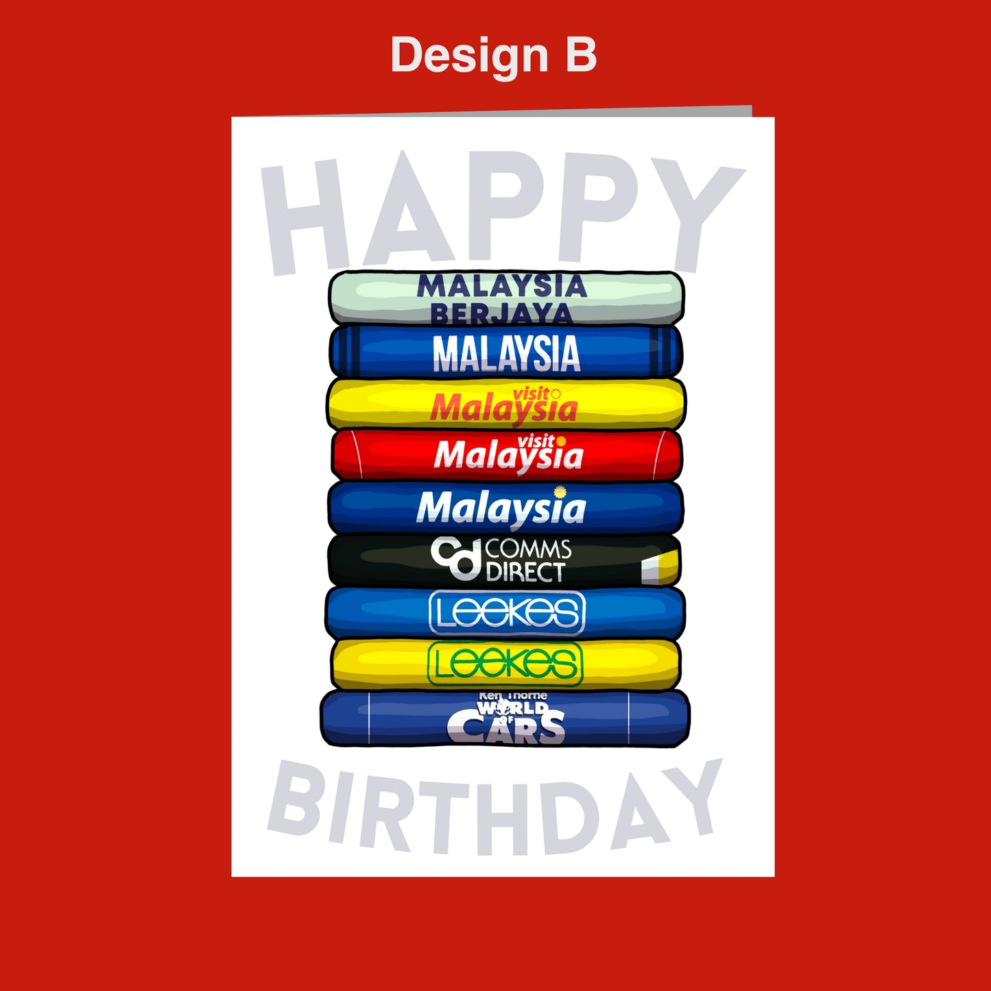 A birthday card with a stack of colorful pencils, each representing a different brand or company, such as Malaysia, Leeks, and Leekes. The text "Happy Birthday" is displayed on the card.