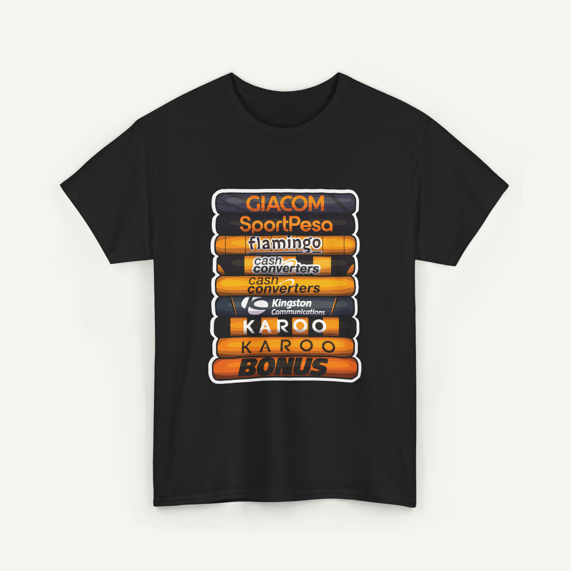 A black t-shirt with a graphic design featuring a stack of orange and black tubes with various text and logos printed on them.