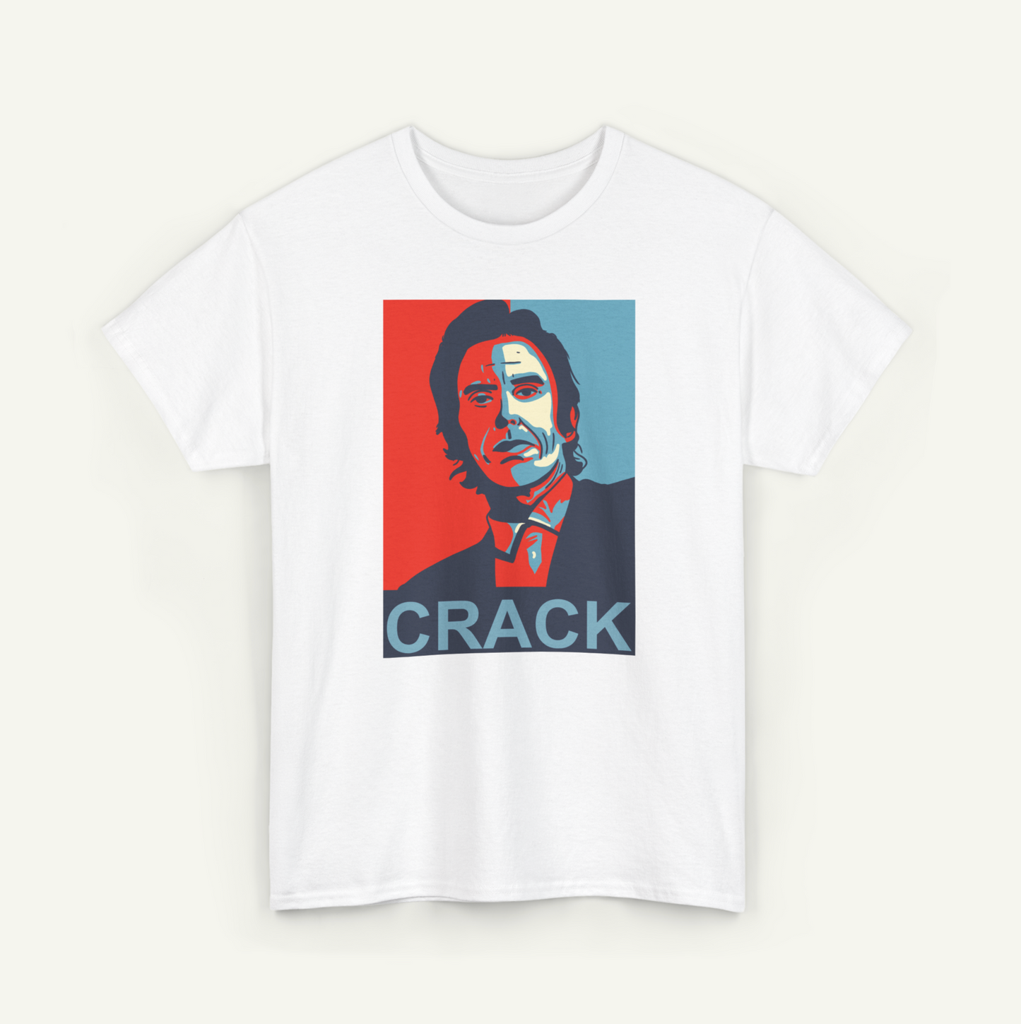 A white t-shirt with a graphic design featuring a portrait of a man with a serious expression. The word "CRACK" is prominently displayed below the portrait.