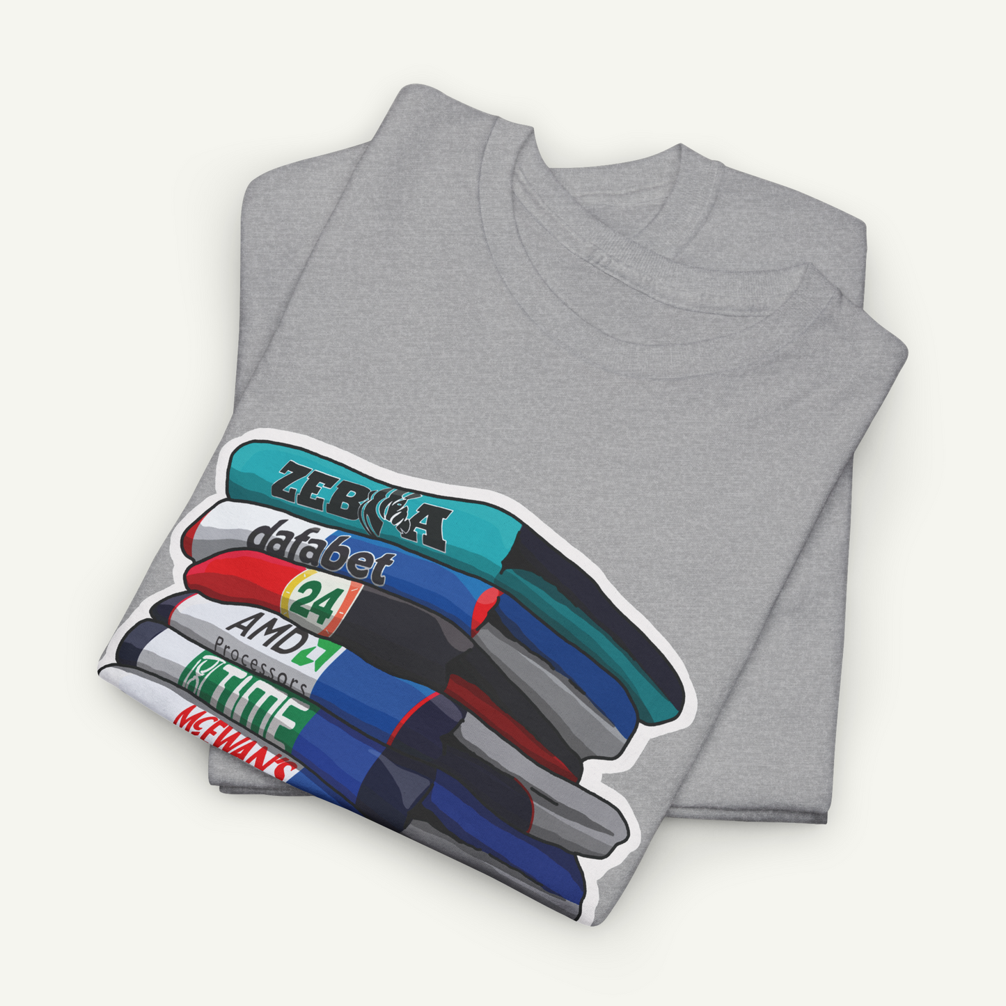 A gray t-shirt with a graphic design depicting a stack of colorful markers or highlighters.
