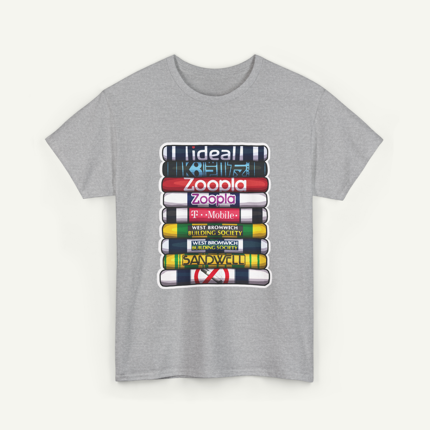 A gray t-shirt with a graphic design depicting a stack of colorful tubes or cylinders, each representing a different social media platform or brand.