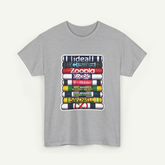 A gray t-shirt with a graphic design depicting a stack of colorful tubes or cylinders, each representing a different social media platform or brand.