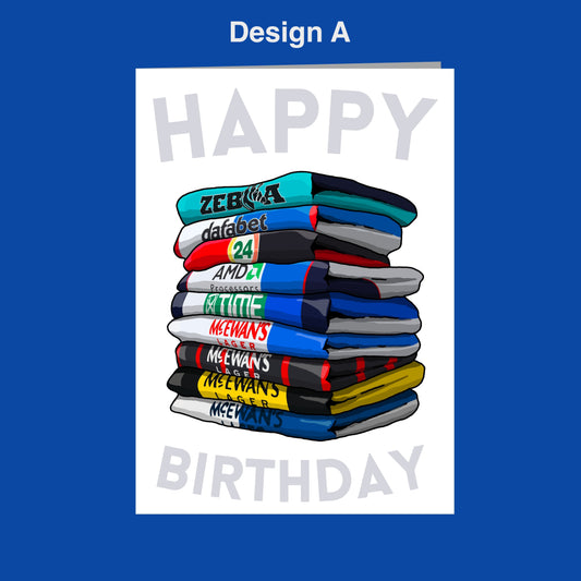 A stack of colorful t-shirts with various text and logos printed on them, arranged in a pile. The text "Happy Birthday" is displayed prominently in the center of the image.