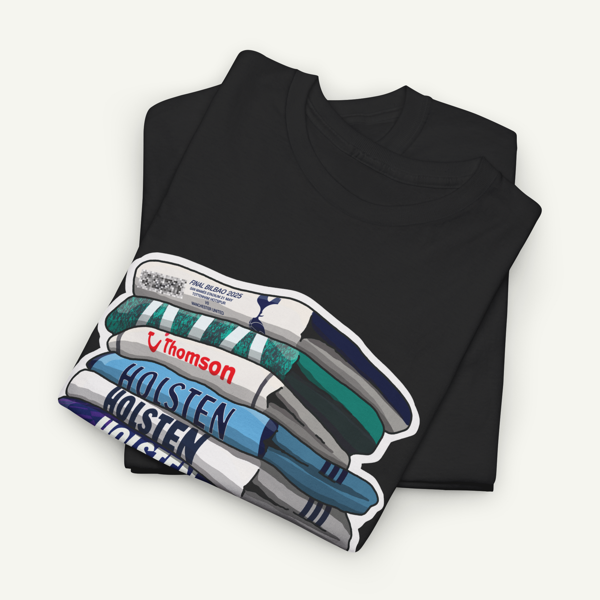 A black t-shirt with a graphic design depicting a stack of colorful markers or pens.
