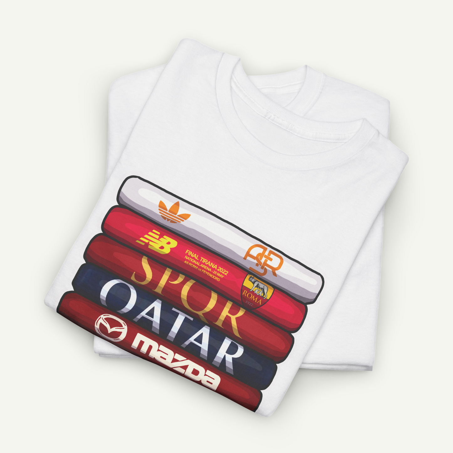 A white t-shirt with a graphic design featuring a stack of colorful bars with various logos and text on them.