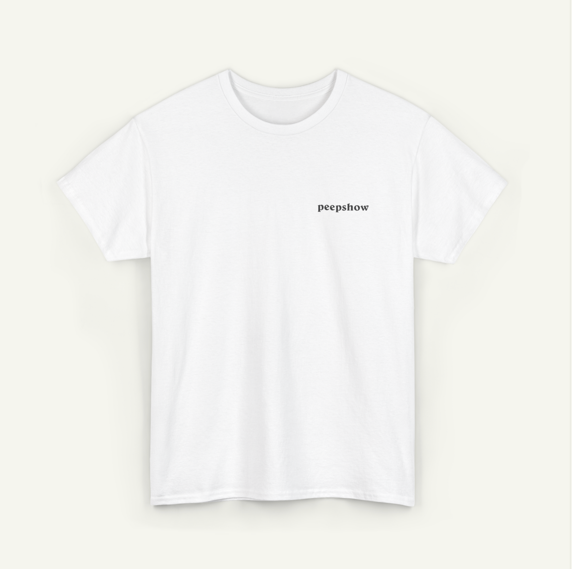 A white t-shirt with the text "peepsshow" printed on it.