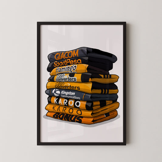 A framed illustration of a stack of various colored bags or packages, with the text "Giacom SportPeso flamingo cash converters Kingston Communications Karoo bonus" printed on them.