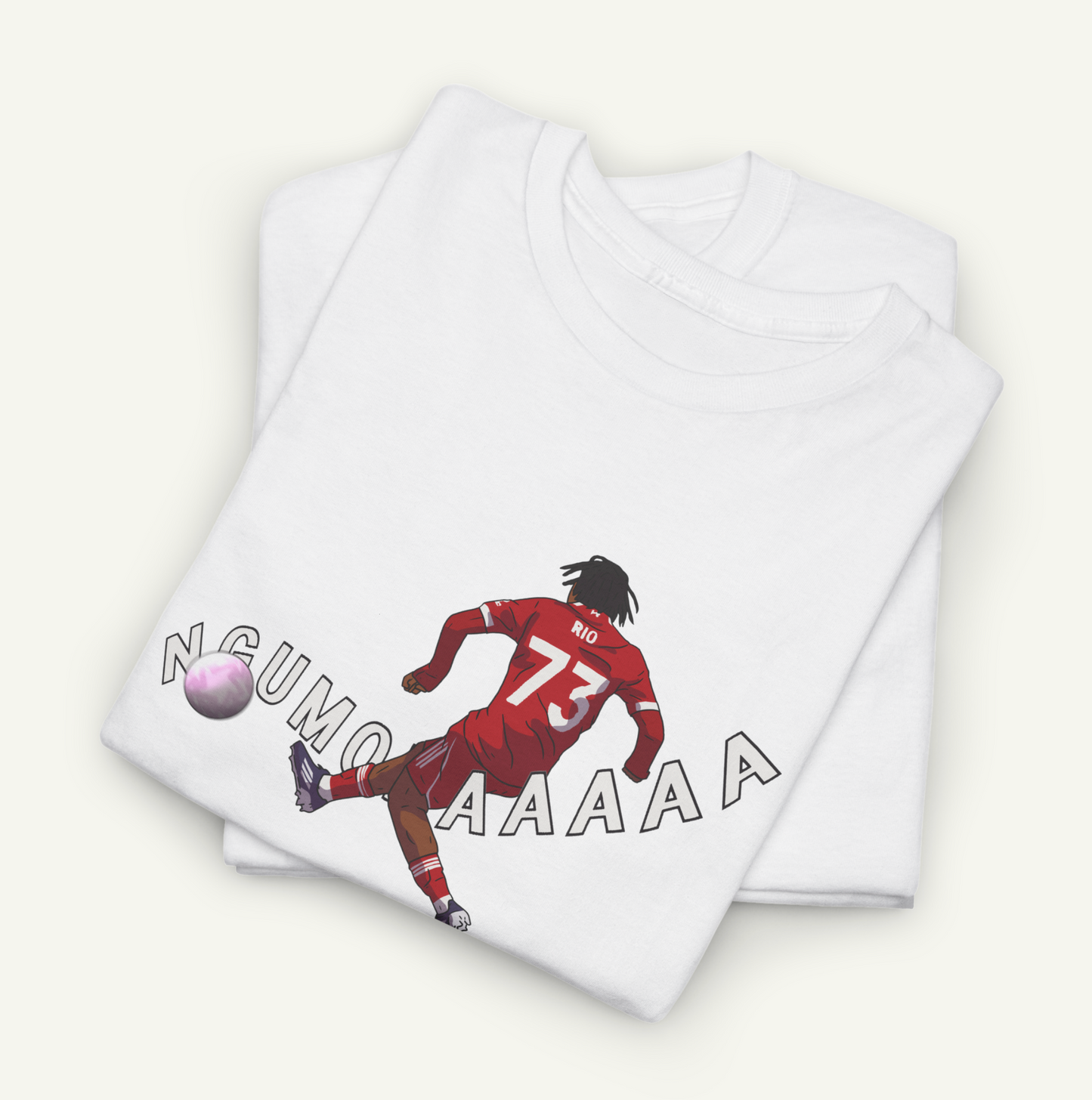 A white t-shirt with a graphic design depicting a soccer player in action, along with the text "N.CUMO A AAAA" printed on it.