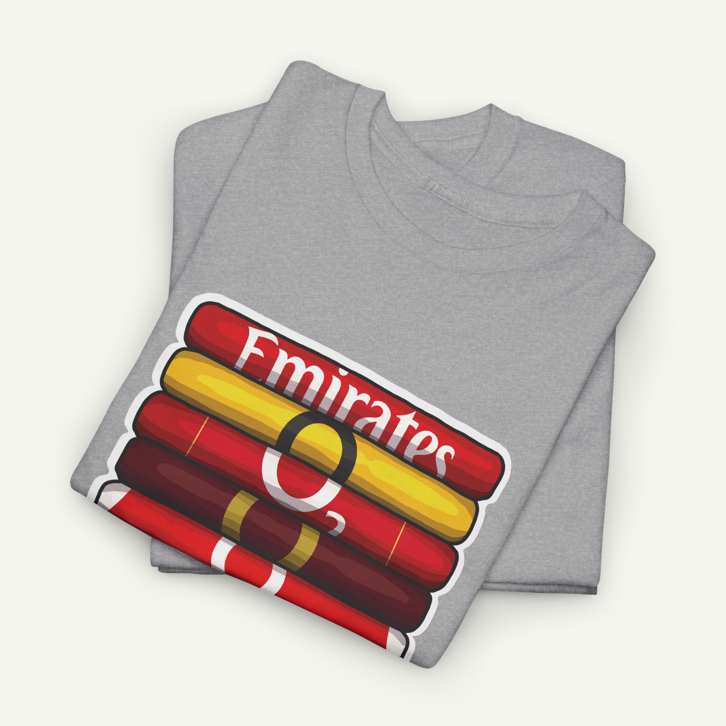 A gray t-shirt with a graphic design featuring a stack of colorful tubes or cylinders, with the word "Emirates" written on the side.