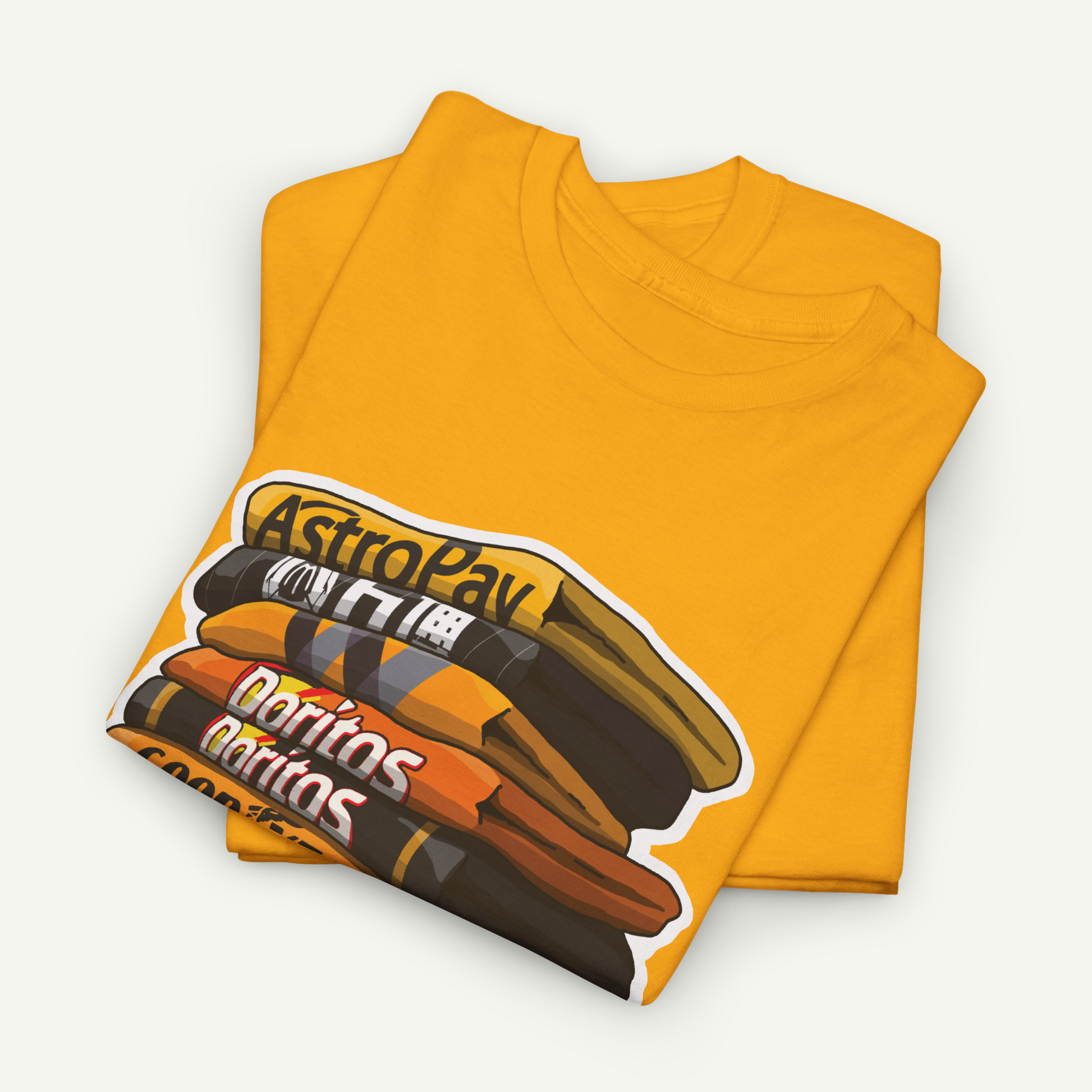 a yellow t-shirt with a graphic design featuring a stack of Doritos bags.