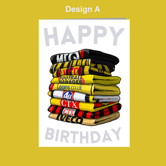 A stack of colorful football-themed towels or blankets, with the text "HAPPY BIRTHDAY" displayed prominently.
