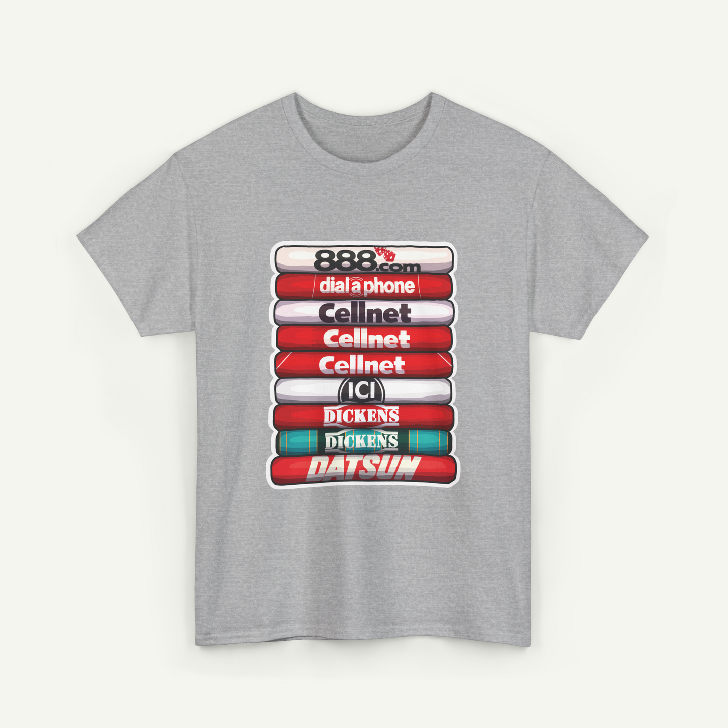 A gray t-shirt with a graphic design featuring a stack of colored blocks, each representing a different brand or company.