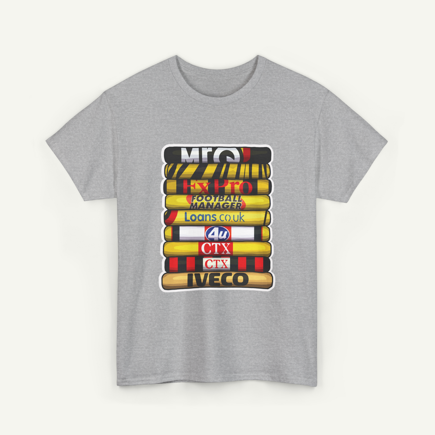 A gray t-shirt with a graphic design featuring a stack of colorful tubes or bottles, each with a different text label.