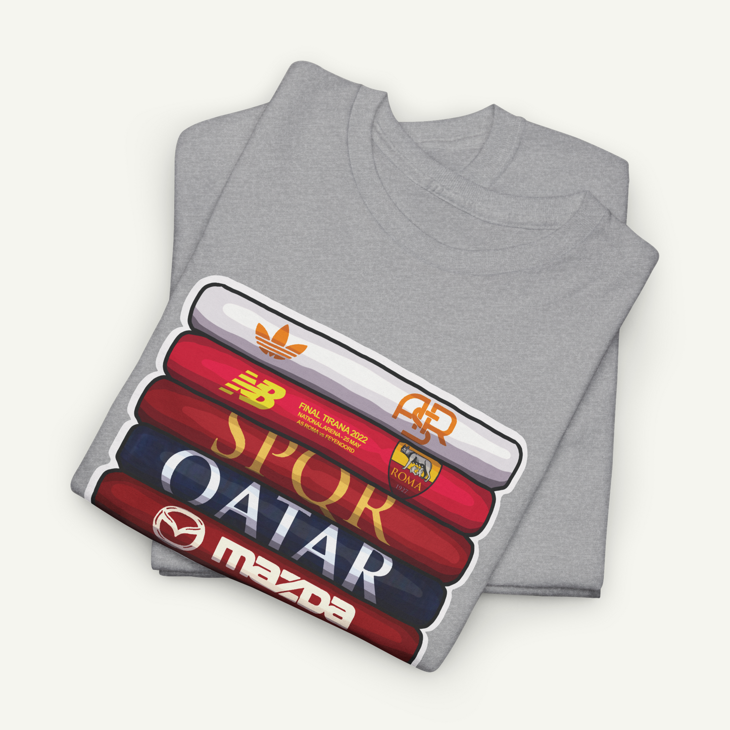 A gray t-shirt with a graphic design featuring a stack of logos and text, including the words 'SPORQ', 'QATAR', 'BR', 'B&B', 'adidas', 'MAZDA', and 'FINAL TRAVEL'.