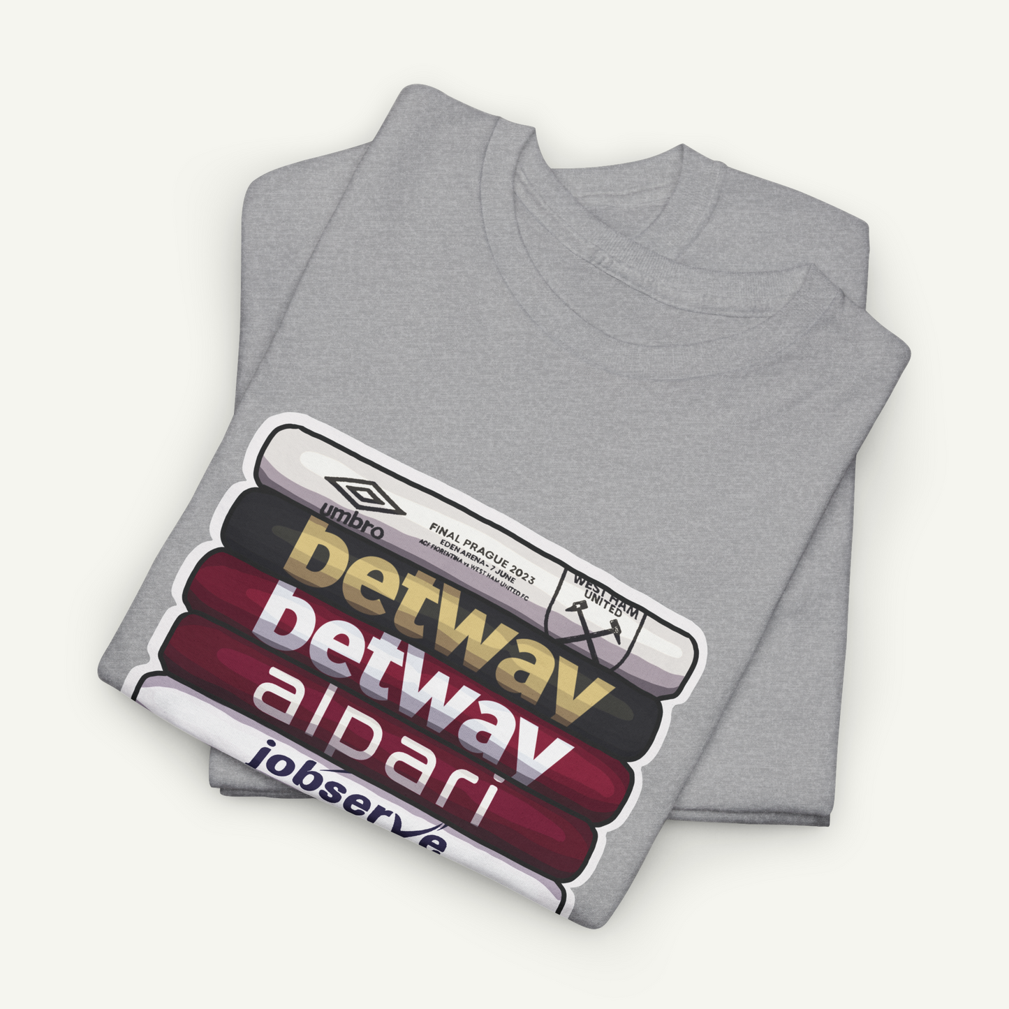 A gray t-shirt with a graphic design featuring the text "Umbro Betwav alparl" printed on it.