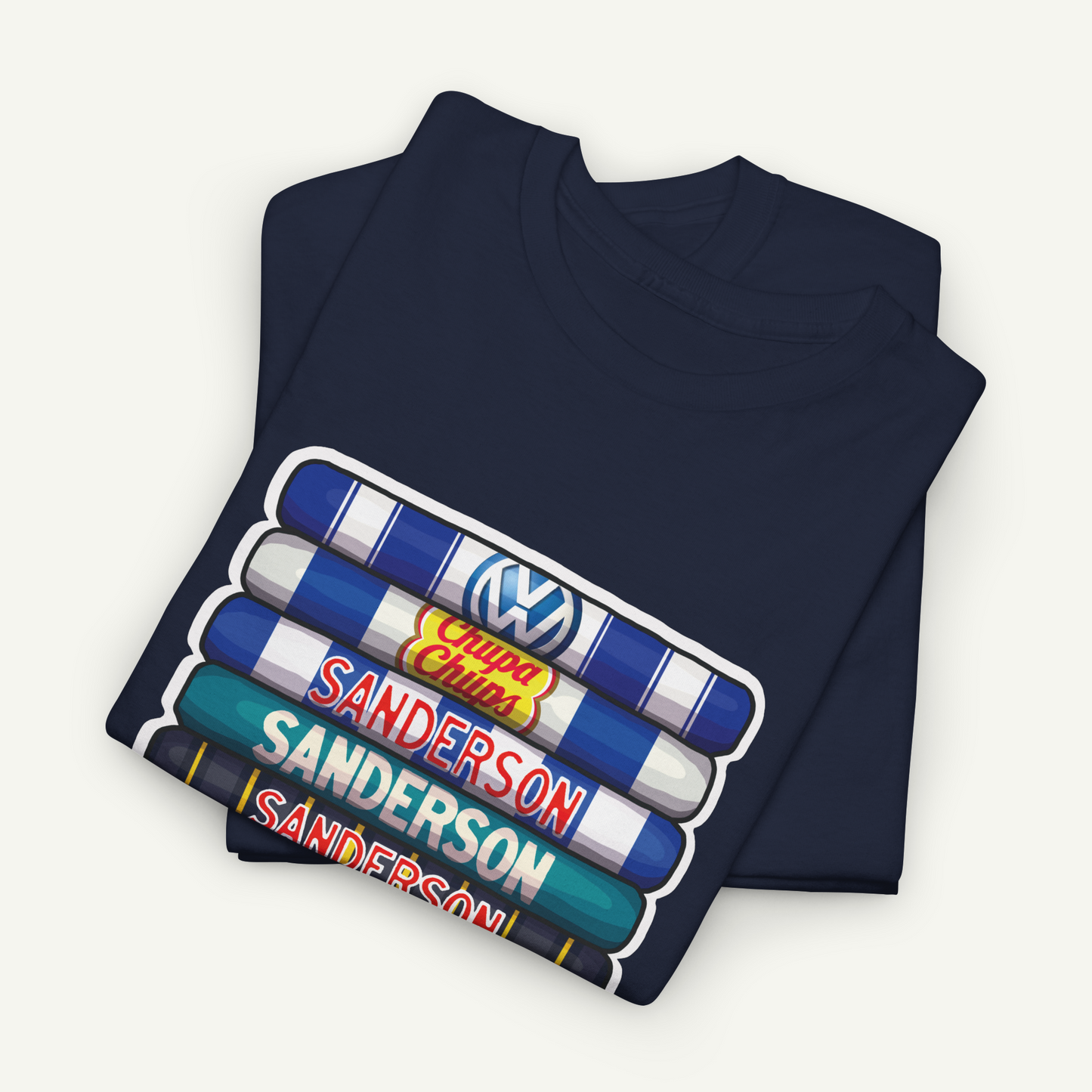 A dark blue t-shirt with a graphic design featuring a stack of colorful tubes or cylinders, each with a different brand logo printed on it.