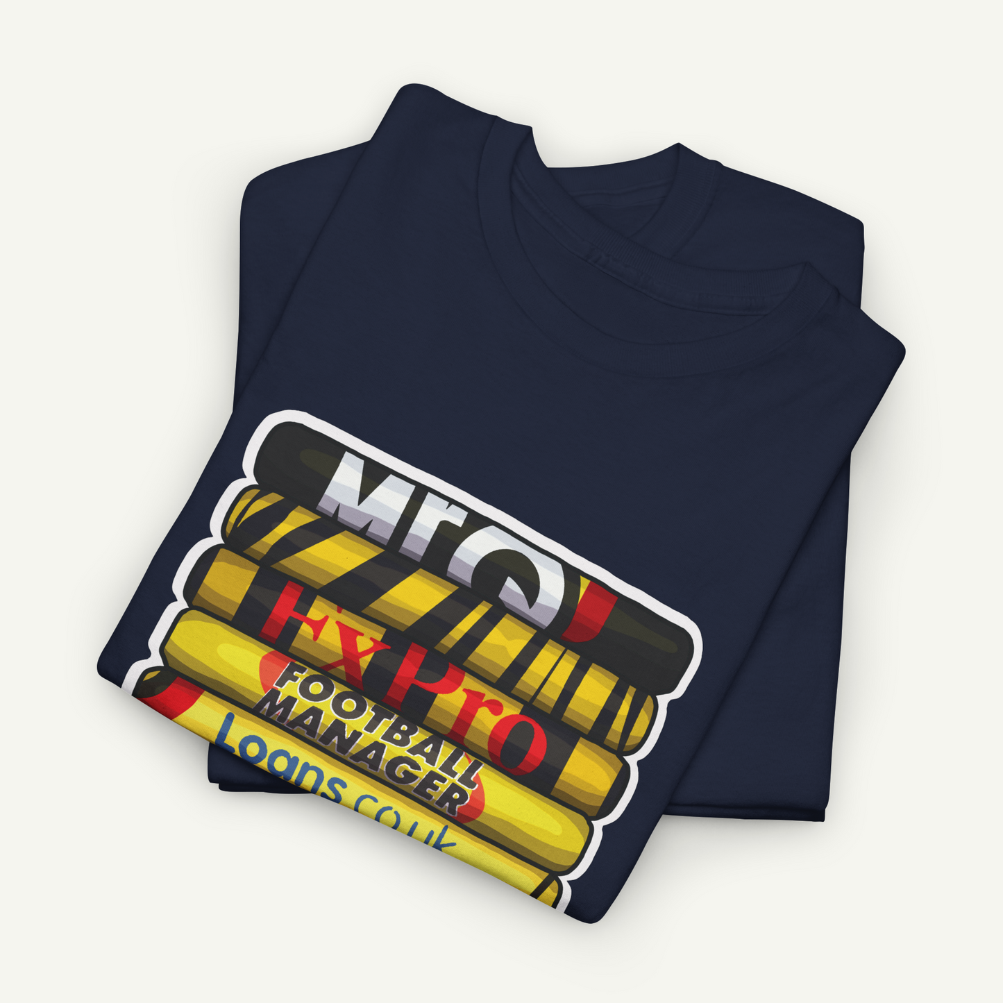 A navy blue t-shirt with a graphic design depicting a stack of books or magazines with the text "M.C. Escher" printed on them.