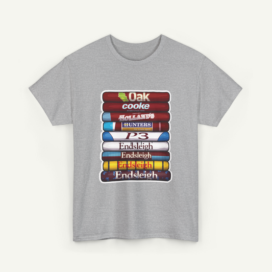 A gray t-shirt with a graphic design depicting a stack of colorful books with the text "Oak cooke" and "Endsleigh" printed on them.
