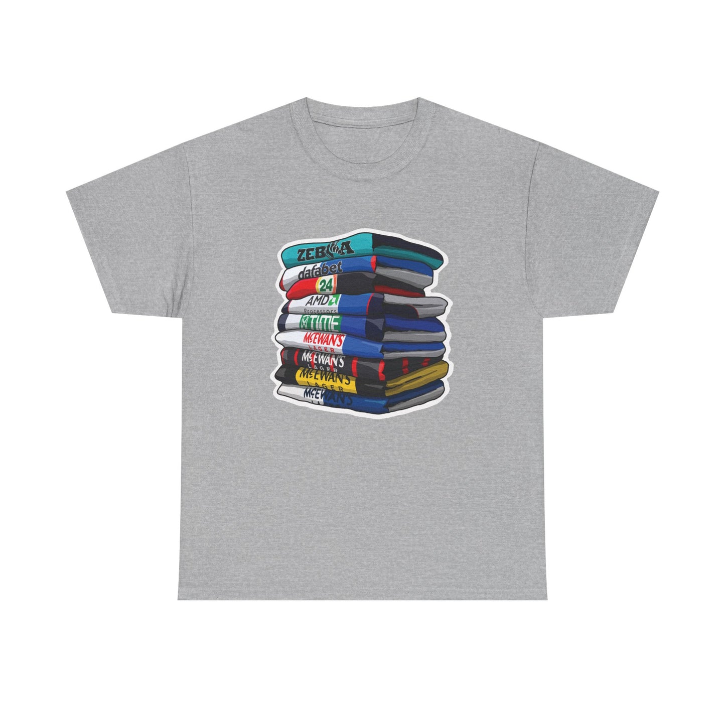 A gray t-shirt with a graphic design depicting a stack of colorful books.