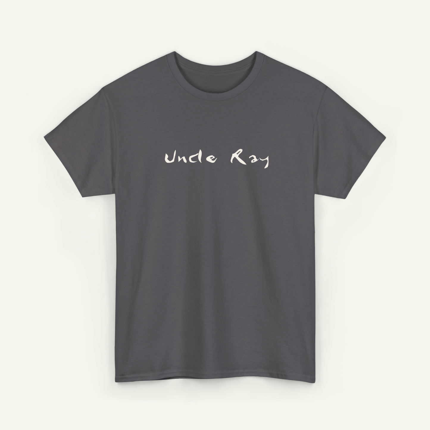 A gray t-shirt with the text "Uncle Ray" printed on it in white.