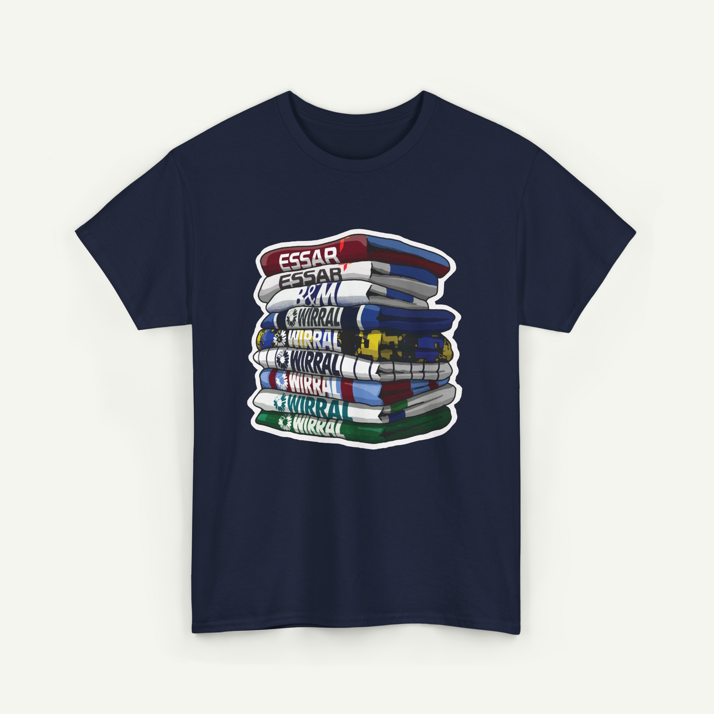 A navy blue t-shirt with a graphic design depicting a stack of colorful books or magazines.