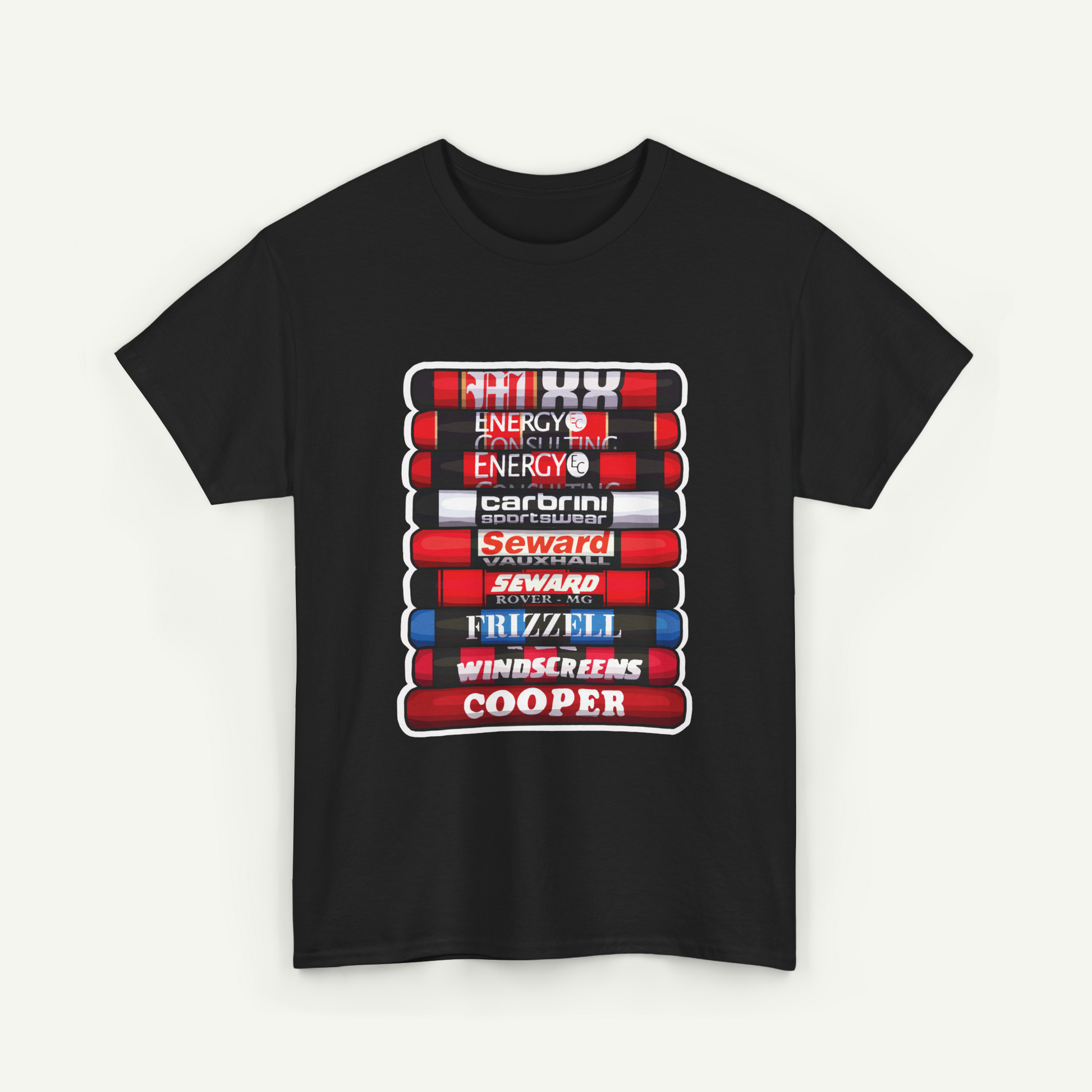 A black t-shirt with a graphic design featuring a stack of red and white tubes with the text "COOPER" written on them.