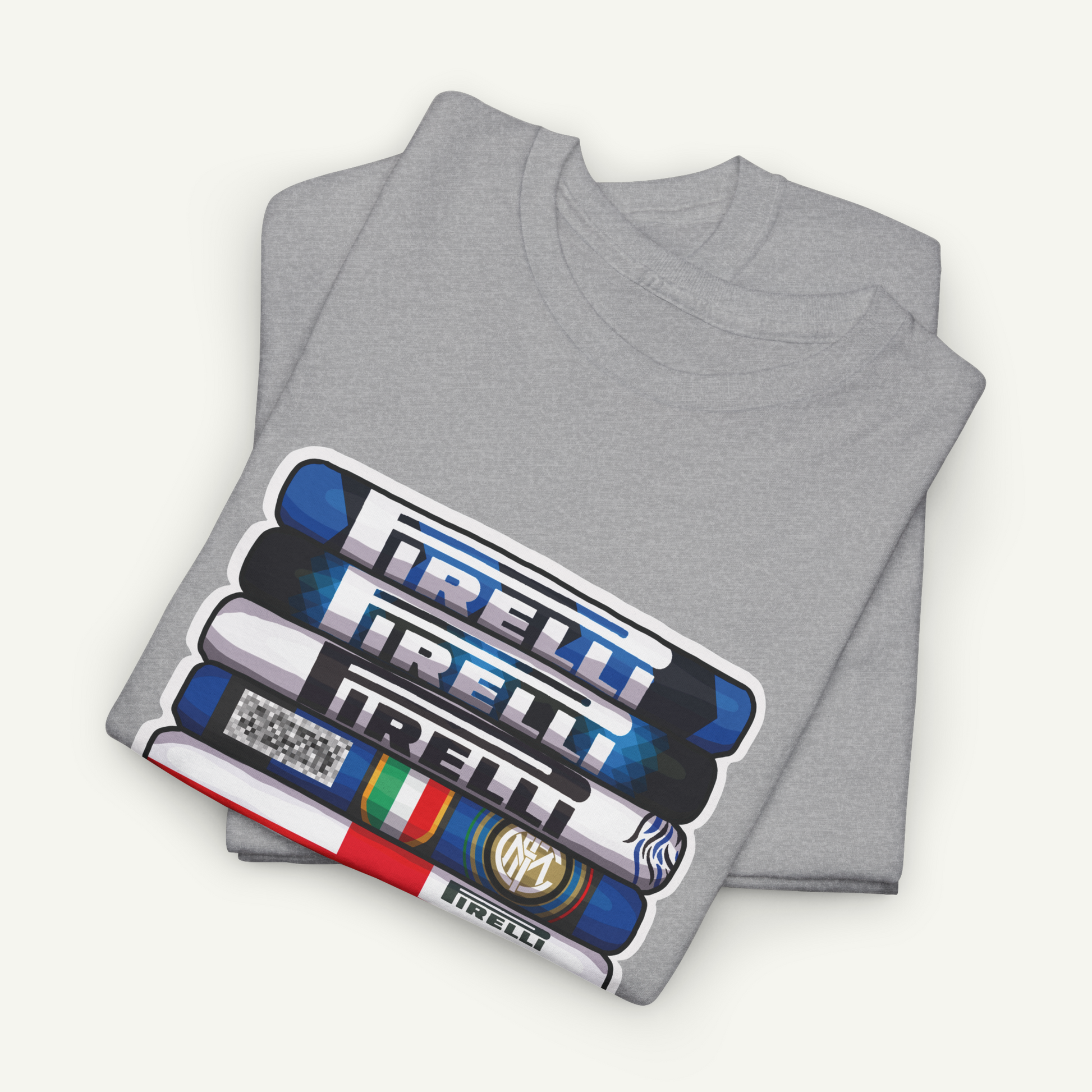 A gray t-shirt with a graphic design featuring the text "IRELL" in various colors and styles, including a blue and white striped design, a red and white striped design, and a blue and white striped design.