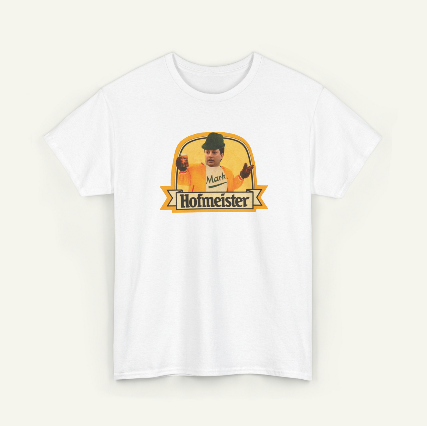 A white t-shirt with a graphic design featuring a man wearing a yellow shirt and a hat, along with the text "Hofmeister" below the image.