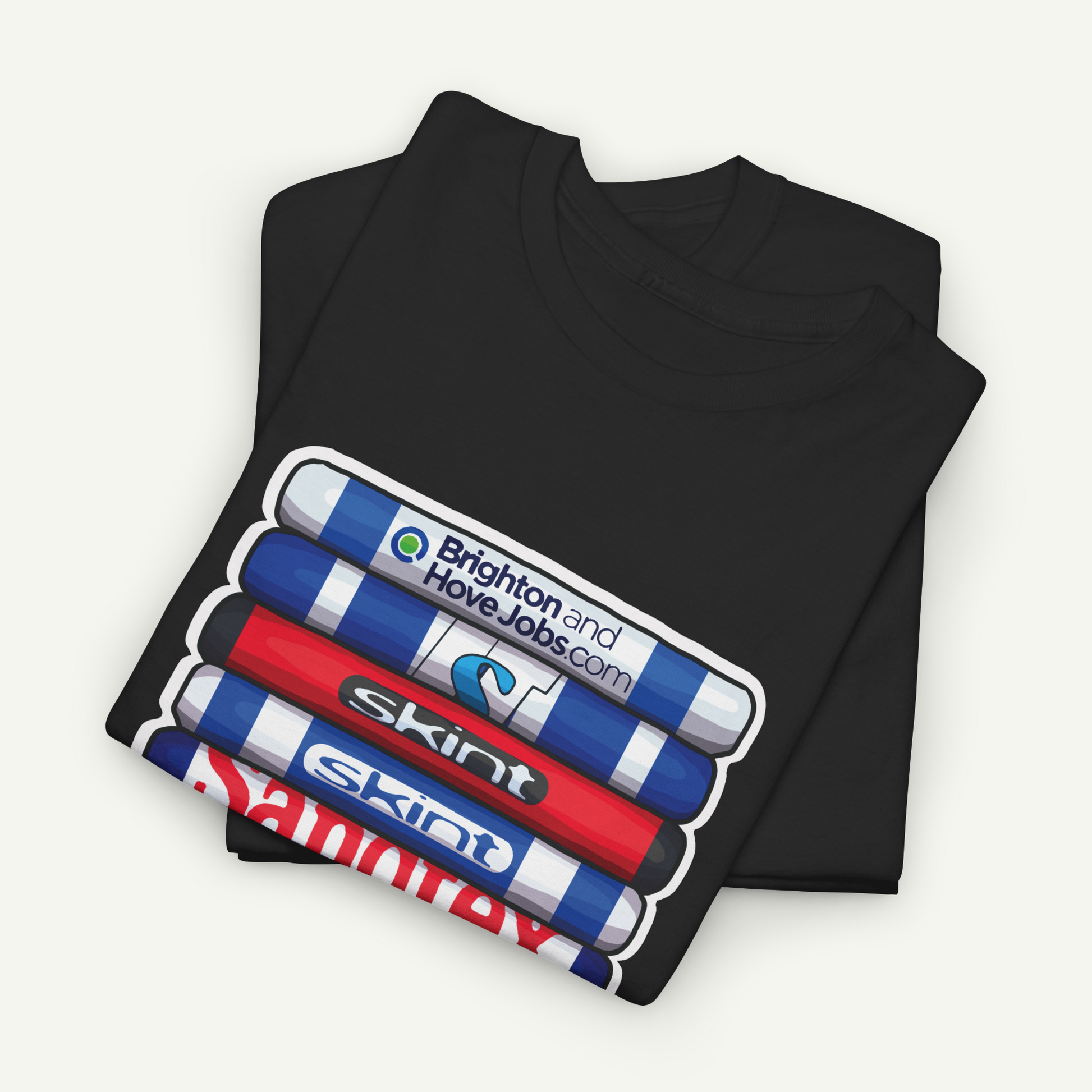 A black t-shirt with a graphic design featuring a stack of colorful markers or highlighters with the text "Brighton and HoveJobs.com" printed on them.
