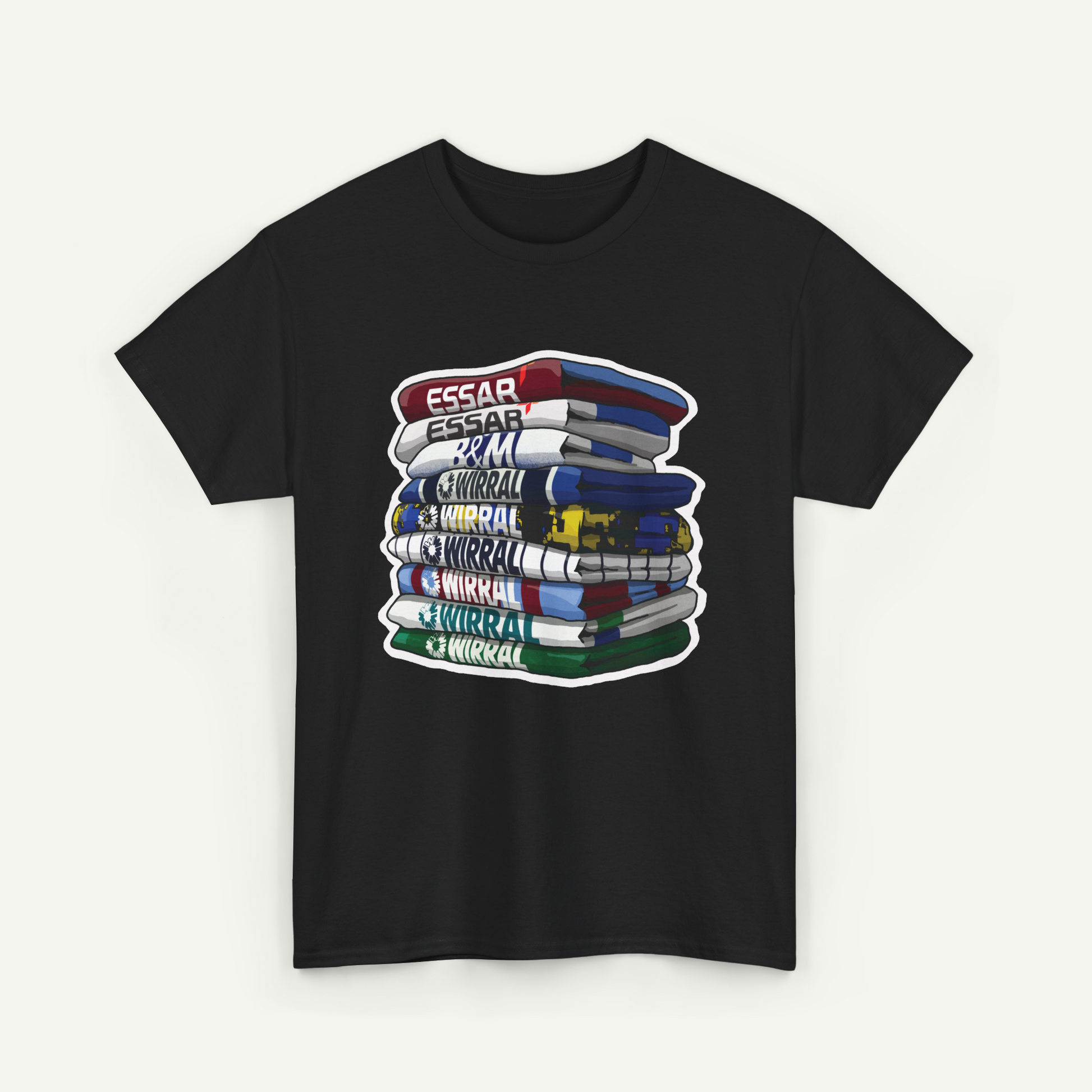 A black t-shirt with a graphic design depicting a stack of colorful books.