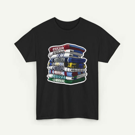 A black t-shirt with a graphic design depicting a stack of colorful books.