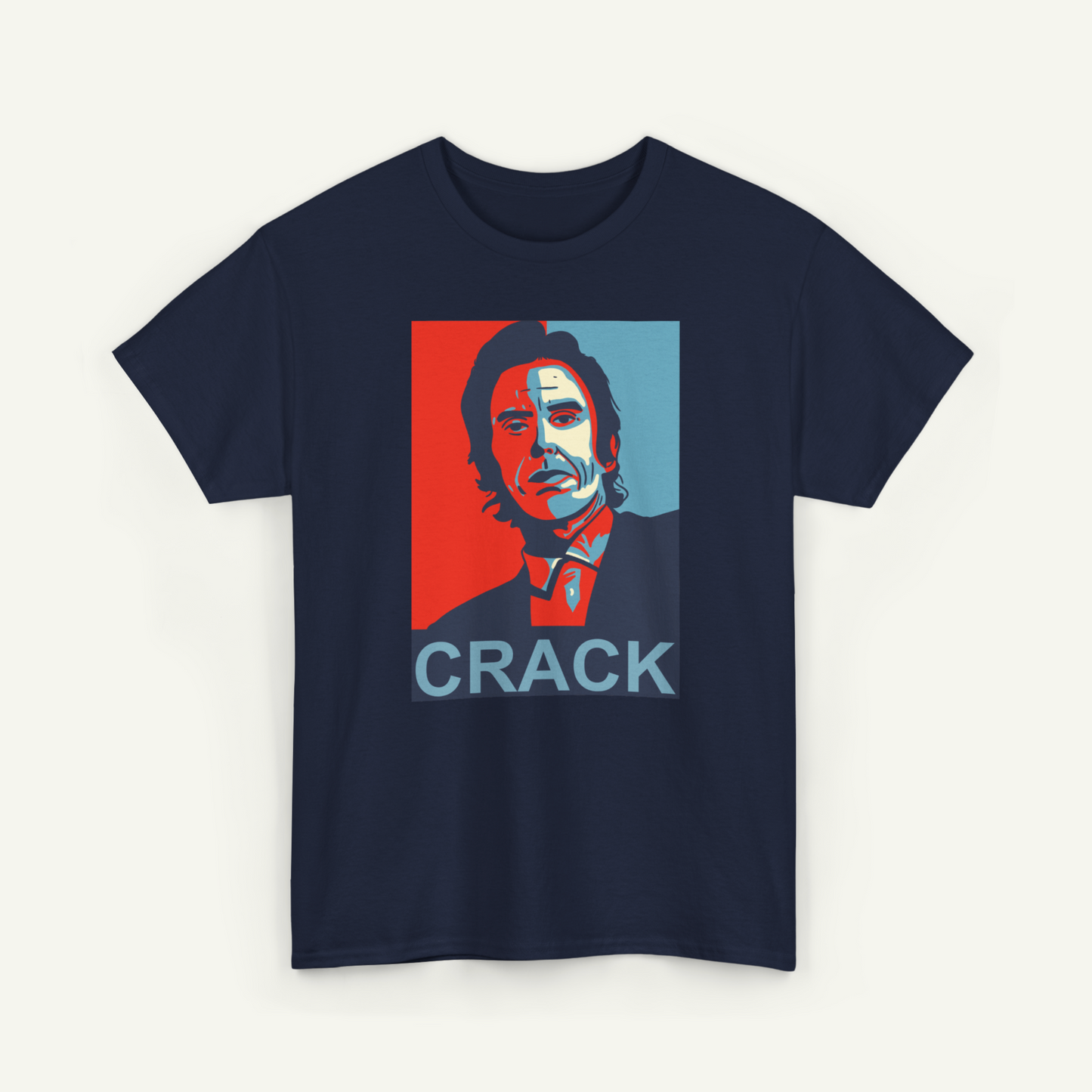 A navy blue t-shirt with a graphic design featuring a portrait of a man with a serious expression. The word "CRACK" is prominently displayed below the portrait.