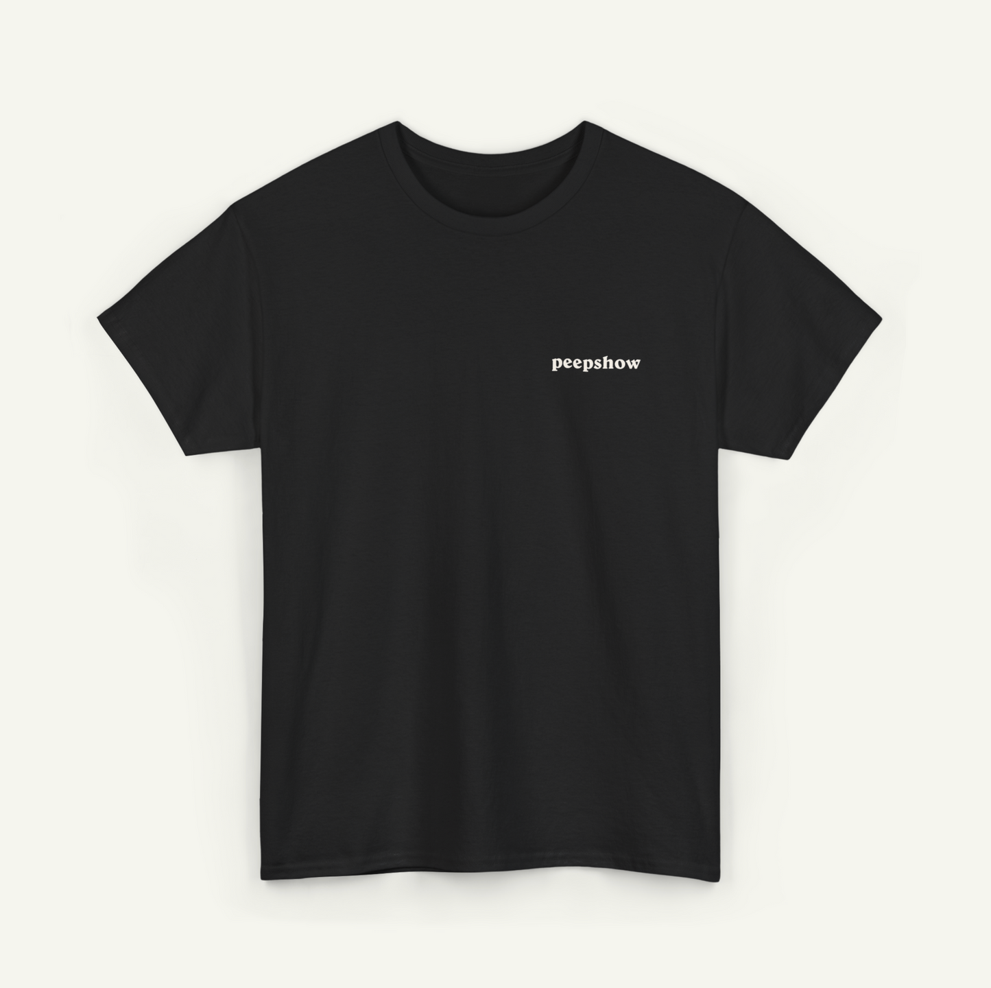 A black t-shirt with the word "peepshow" printed on the left side.
