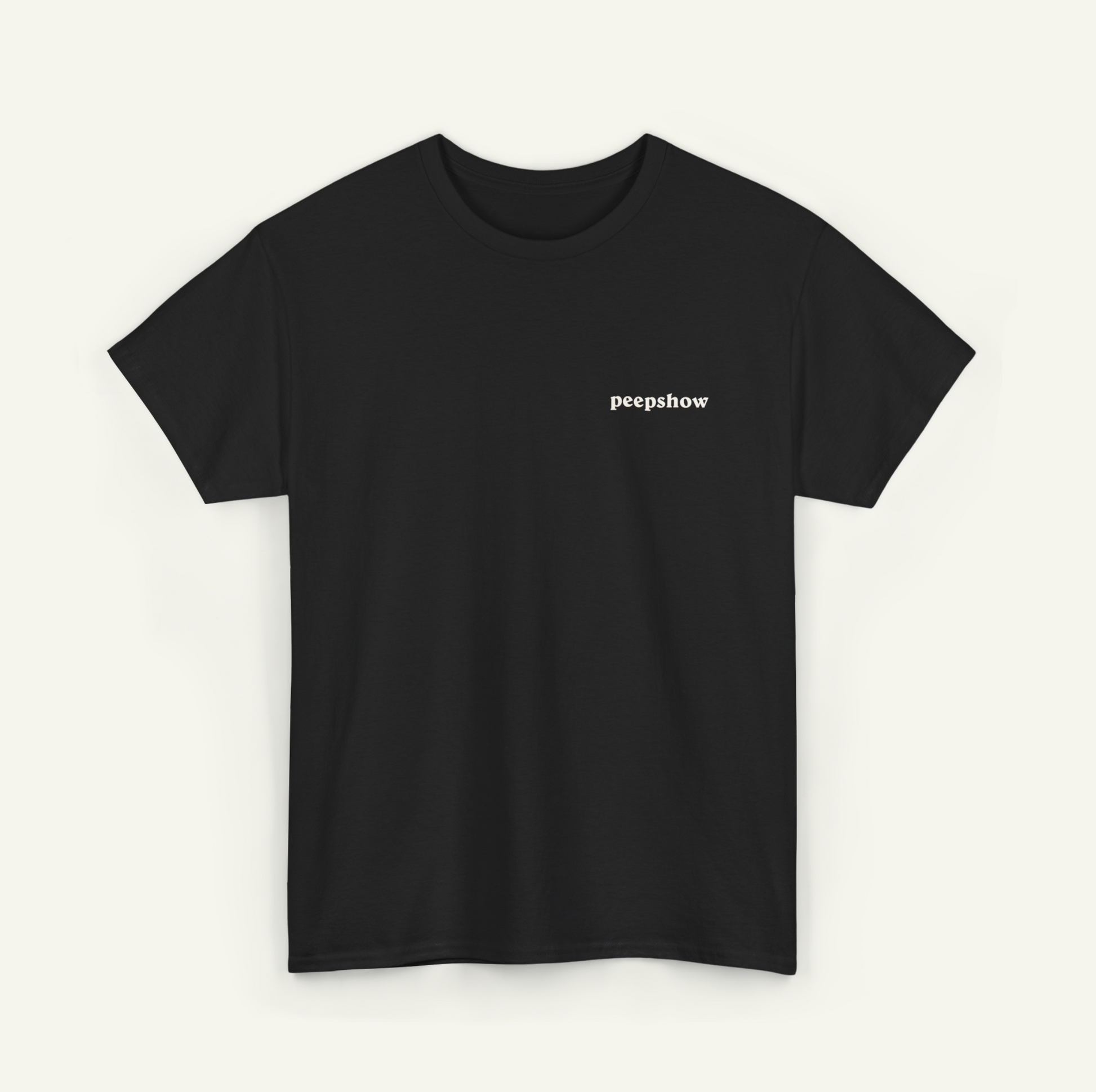 A black t-shirt with the word "peepshow" printed on the left side.