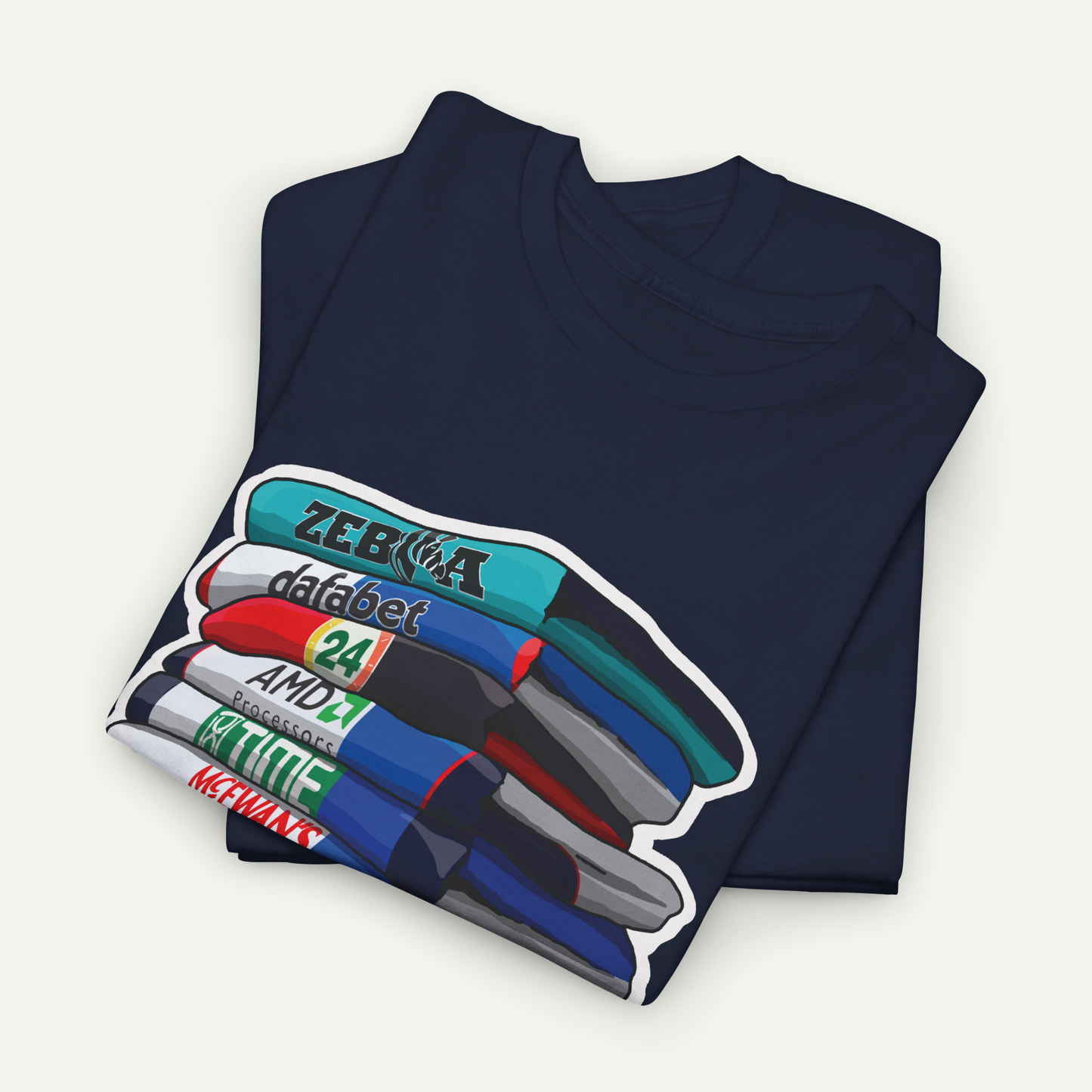 A navy blue t-shirt with a graphic design depicting a stack of colorful markers or pens.