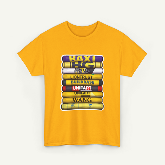 A yellow t-shirt with a graphic design featuring a stack of books with various text labels on them.