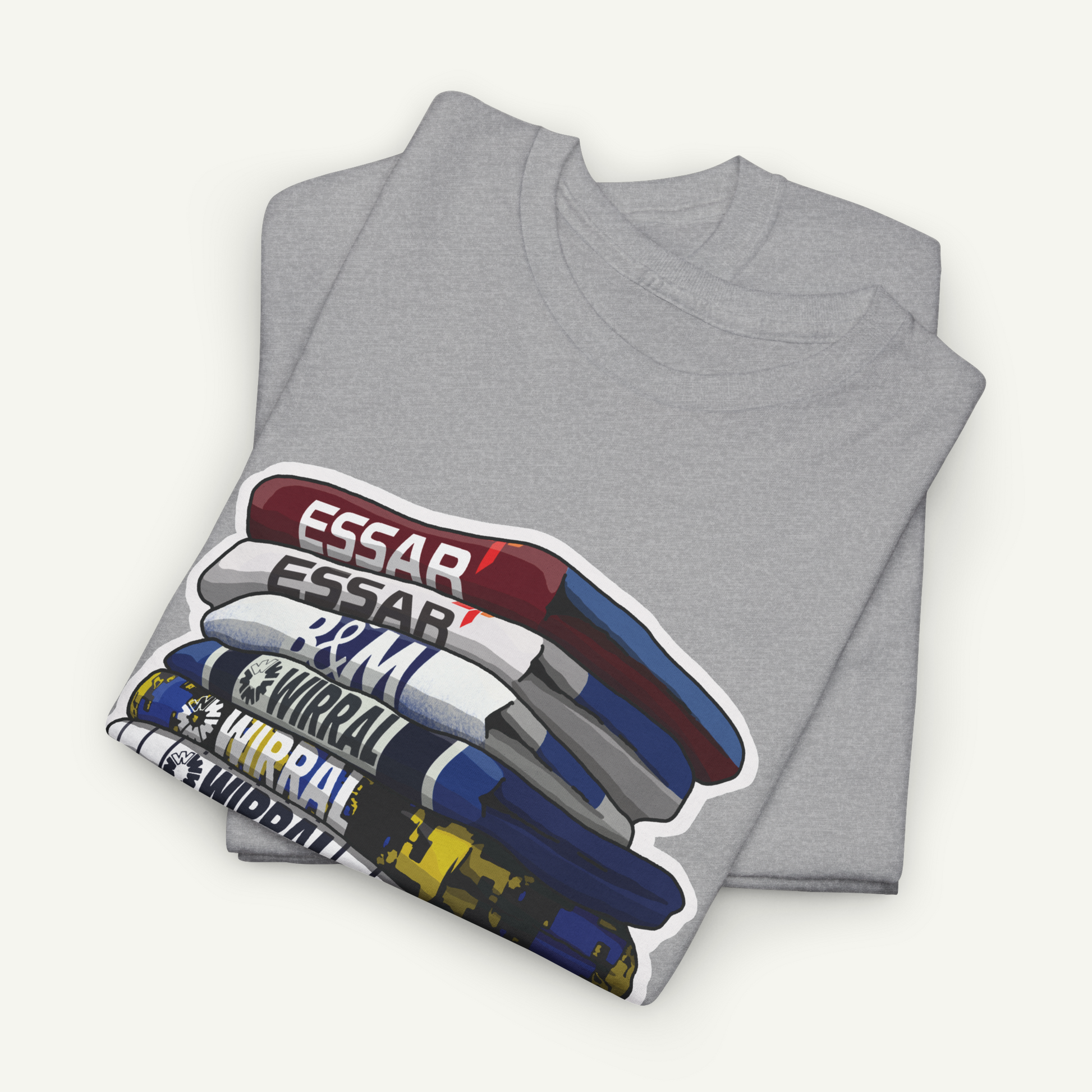 A gray t-shirt with a graphic design depicting a stack of books with the text "ESSAR" printed on them.