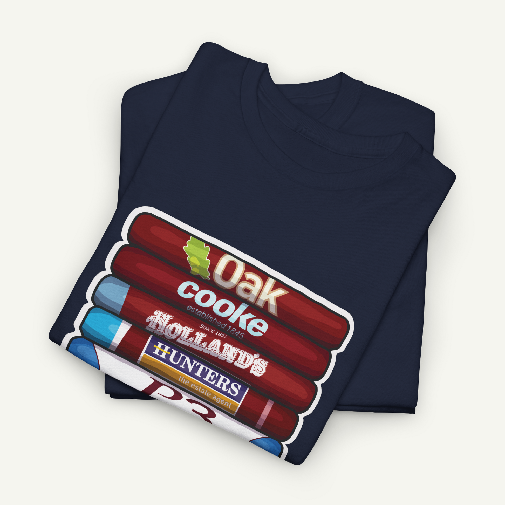 A navy blue t-shirt with a graphic design featuring a stack of colorful tubes or tubes with text on them.
