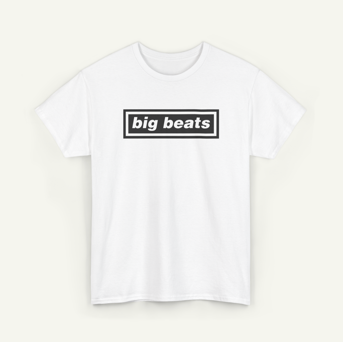 A white t-shirt with the text "big beats" printed in black on it.