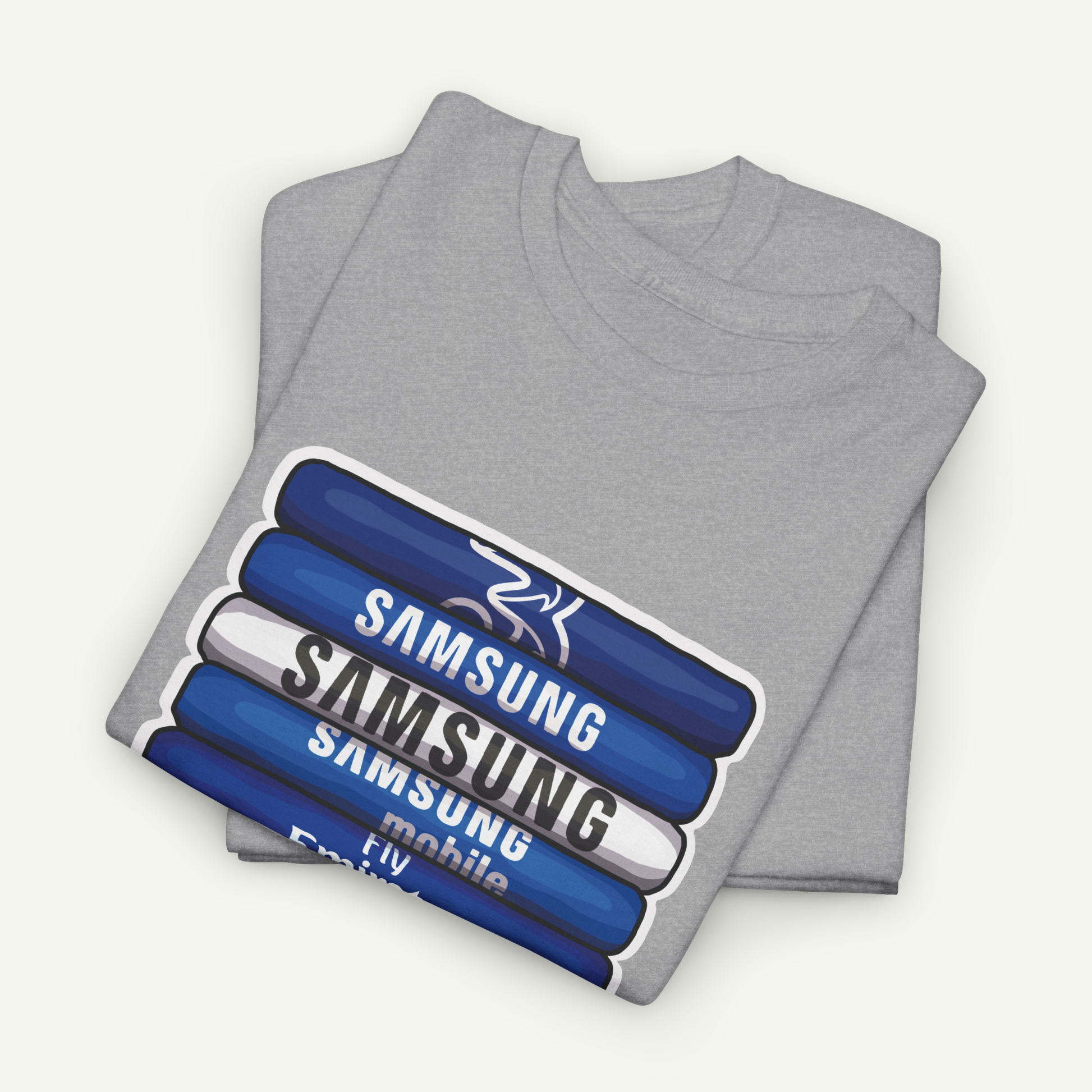 a gray t-shirt with a graphic design featuring the text "SAMSUNG mobile" in blue and white colors.