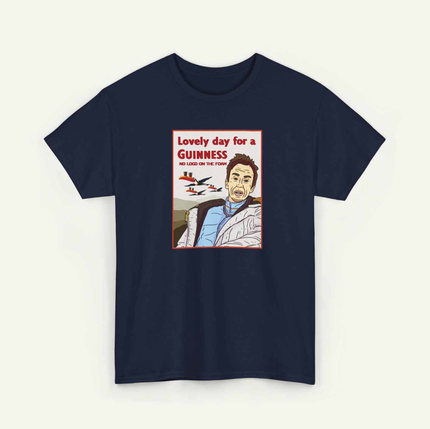 A t-shirt with a graphic design featuring a cartoon-style illustration of a man with a concerned expression, accompanied by text that reads "Lovely day for a Guinness NO LODGE ON THE FISH".