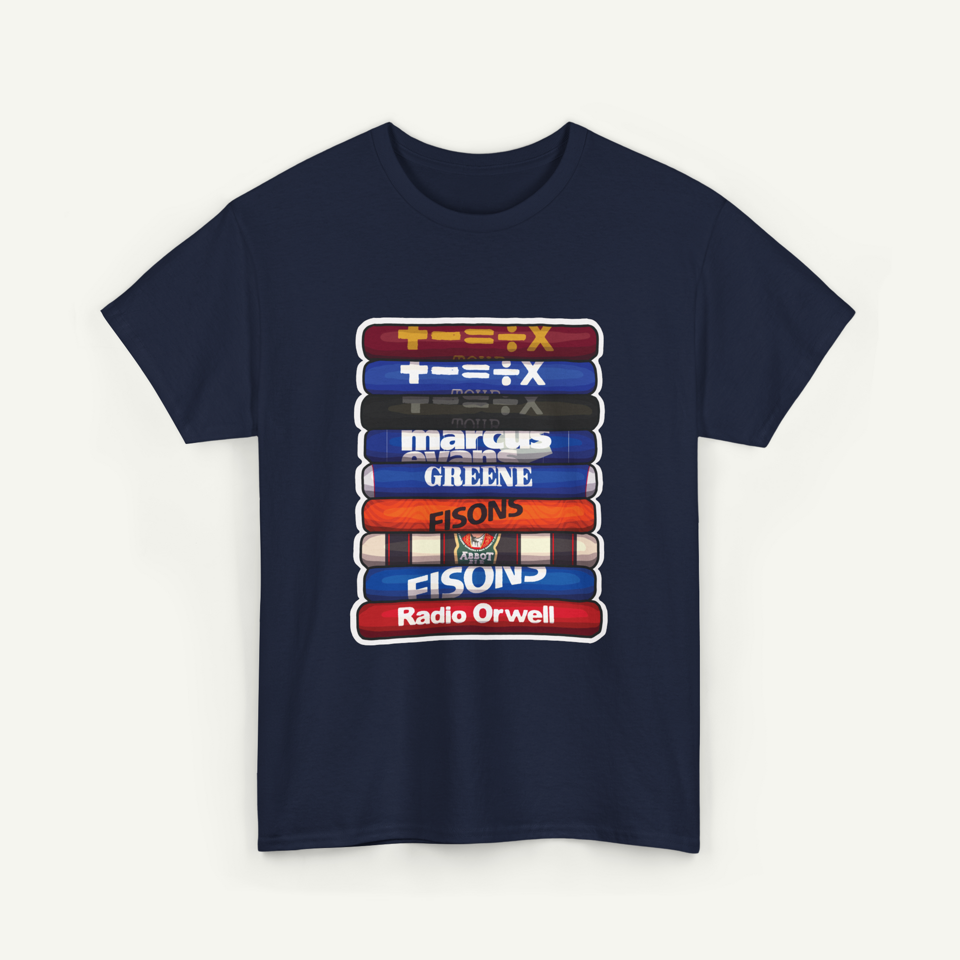 A navy blue t-shirt with a graphic design depicting a stack of colorful books with the text "Radio Orwell" printed on the spine.