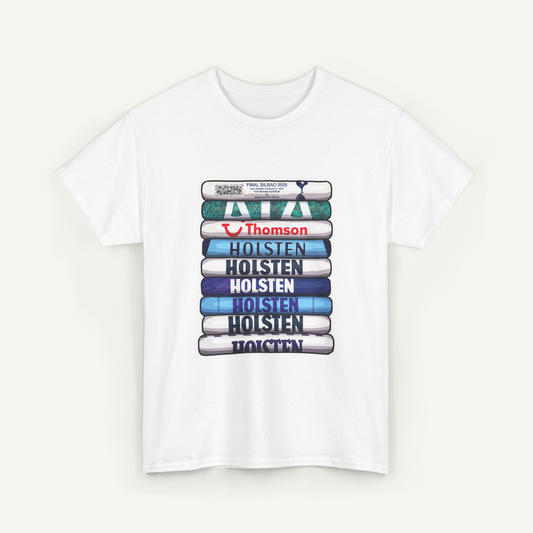 A white t-shirt with a graphic design featuring a stack of books with the text "Holsten Holsten Holsten Holsten" printed on them.