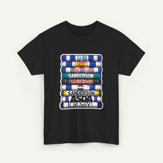 A black t-shirt with a graphic design featuring a stack of colorful tubes with the text "Sanderson" printed on them.
