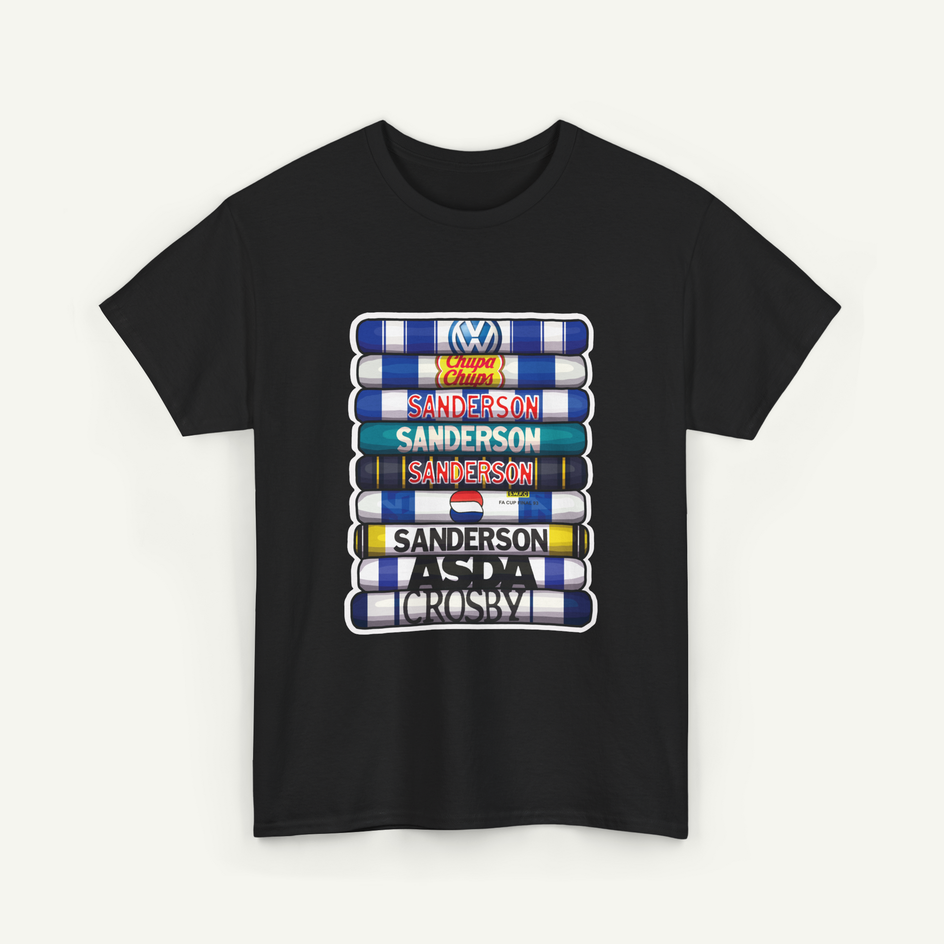 A black t-shirt with a graphic design featuring a stack of colorful tubes with the text "Sanderson" printed on them.
