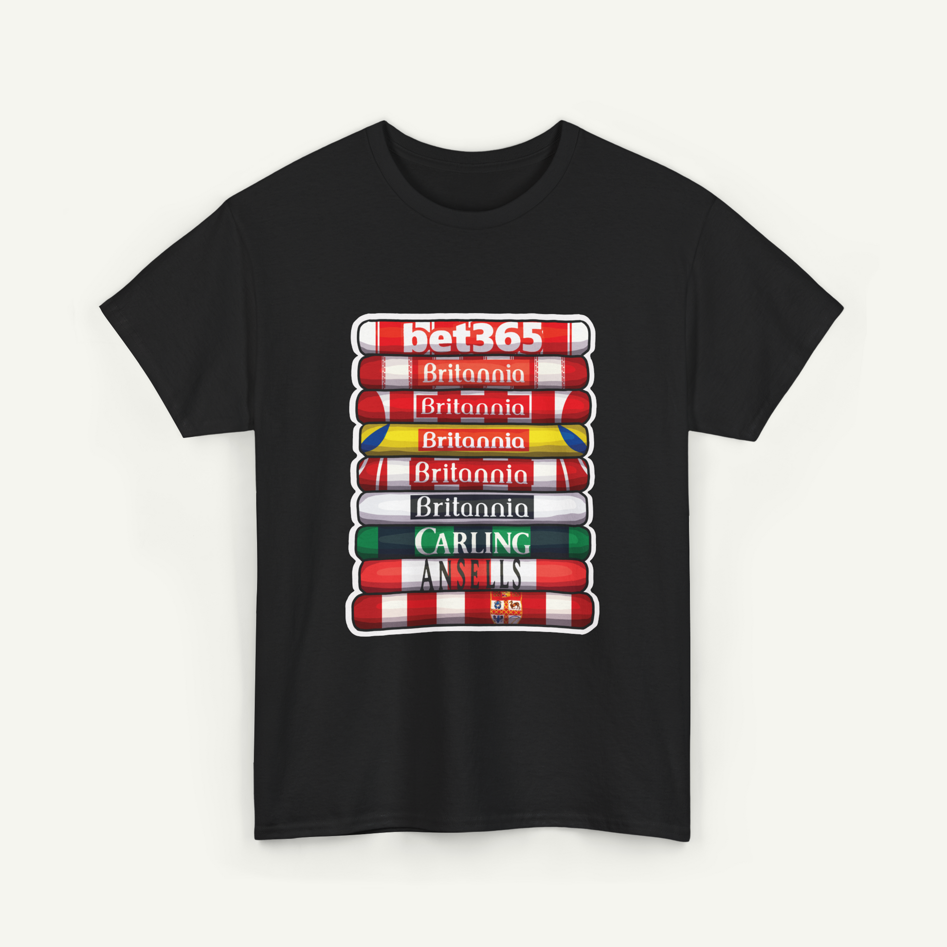 A black t-shirt with a graphic design depicting a stack of colored tubes, each representing a different country or region.